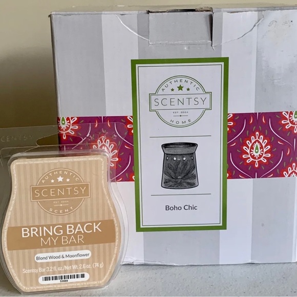 Scentsy Boho Chic Electric Wax Warmer Bulb Wax Bar Blond Wood & Moonflower NIB - Picture 2 of 7